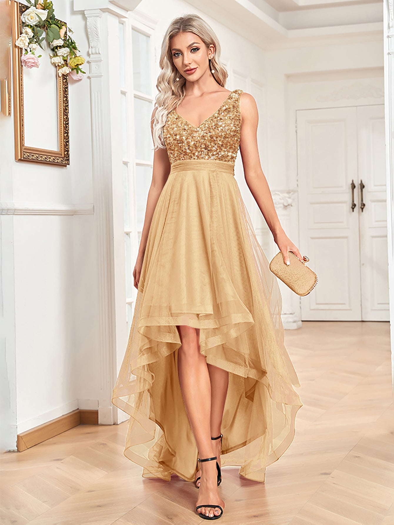 Women Chiffon Bridesmaid Dress Double V neck Dress Sleeveless A line Large Hem Sequin Stitching Evening Dress Gold