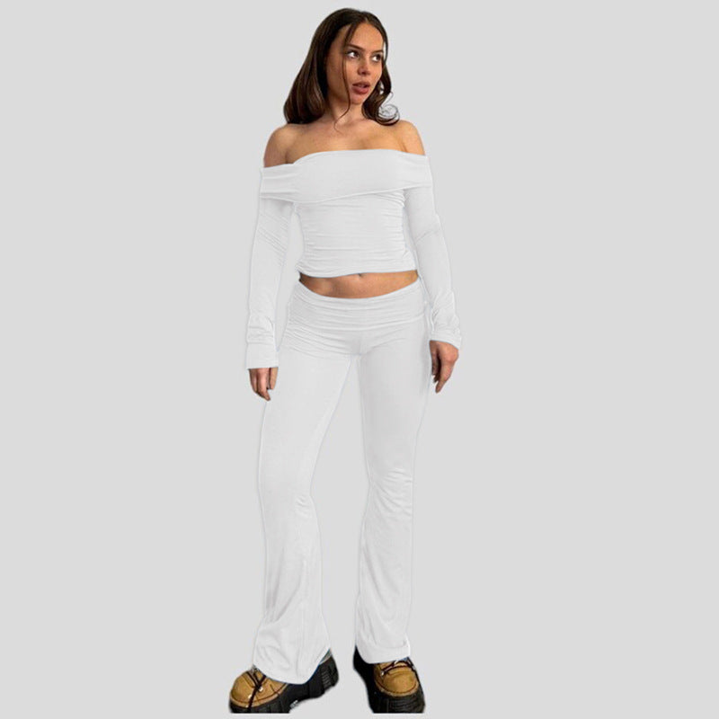 Women Clothing Autumn Winter Long Sleeved Sexy Top Casual Trousers Suit White