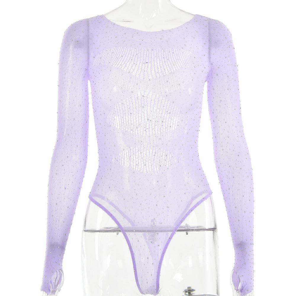 【MOQ-5 packs】 Autumn Sexy High Elastic Knitted Sheer Long Sleeve Hollow Out Cutout Rhinestone Jumpsuit for Women One Size Purple