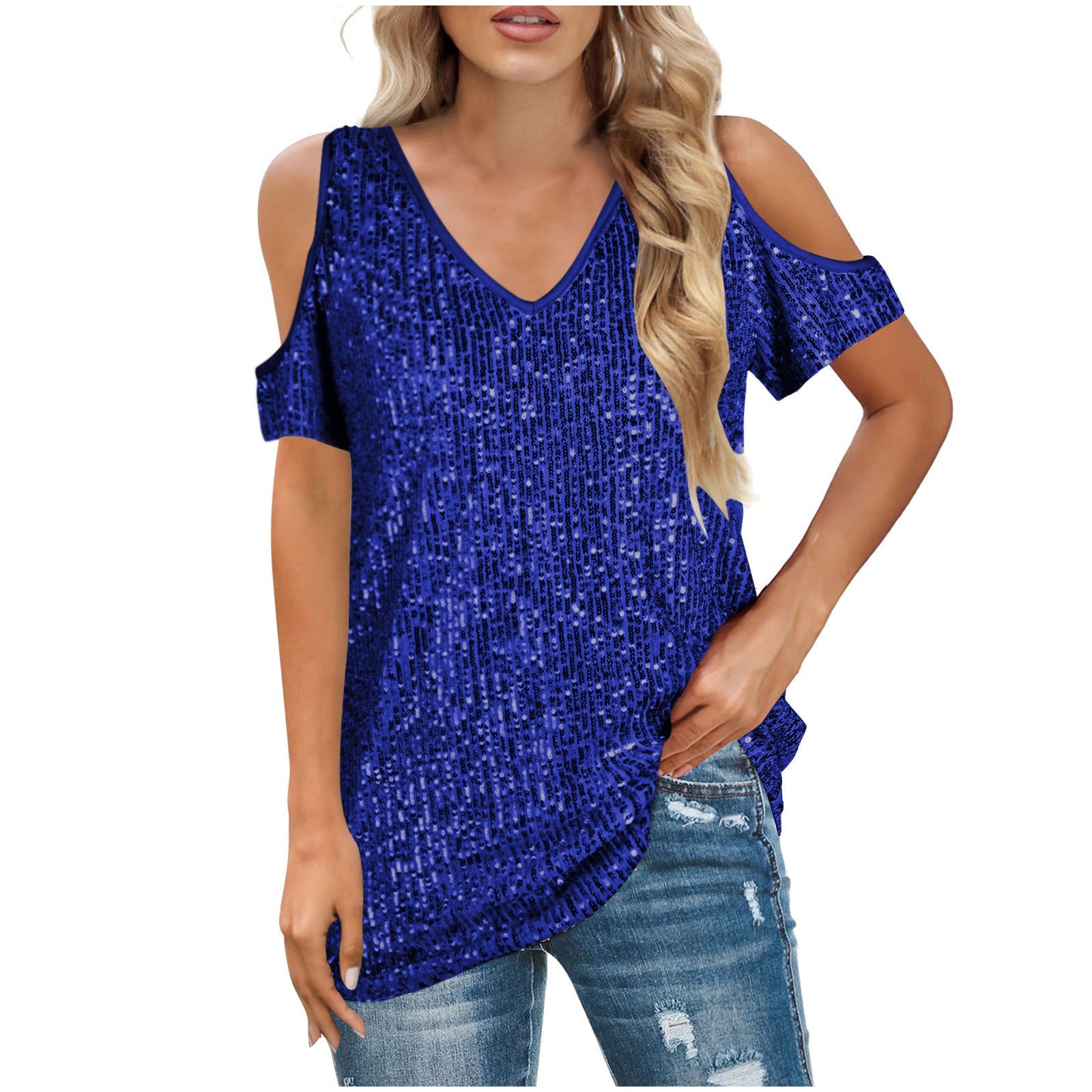 Women Short Sleeve off the Shoulder V neck Sequined T shirt Top Women Blue