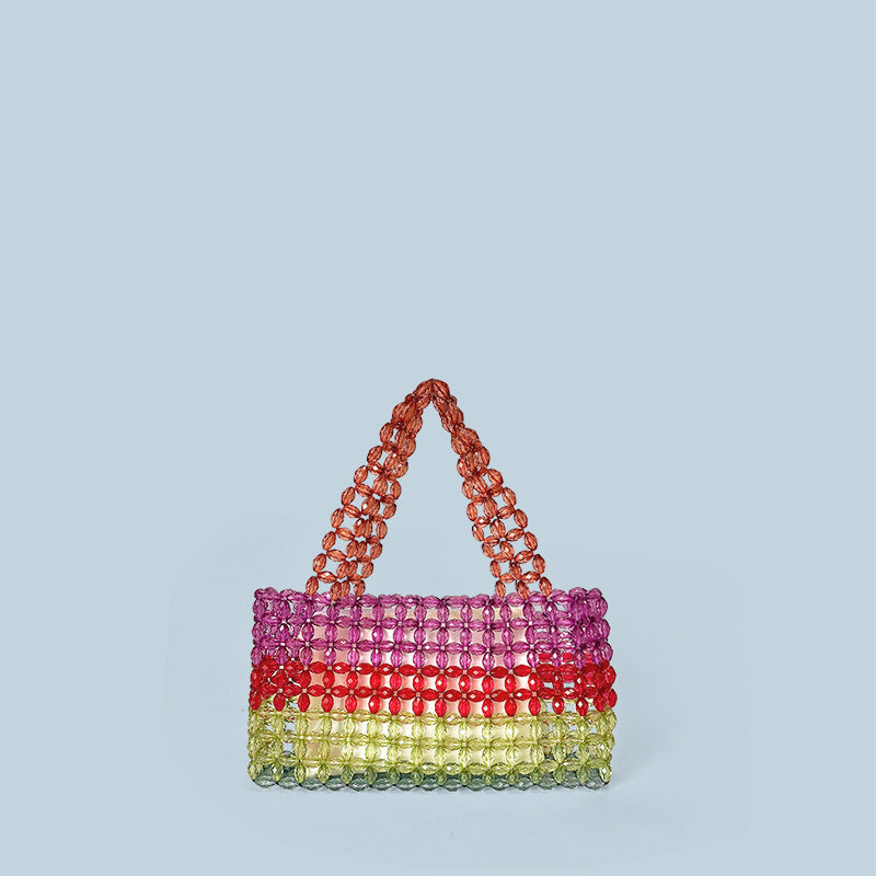 Winter Portable Rainbow Beaded Bag Multi Color Retro Hand Woven Large Bag Acrylic Disco Women Bag