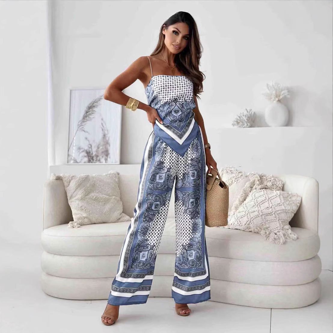 Women Clothing Printed Sexy Spaghetti Straps Corset Positioning Floral Trousers Two Piece Sets