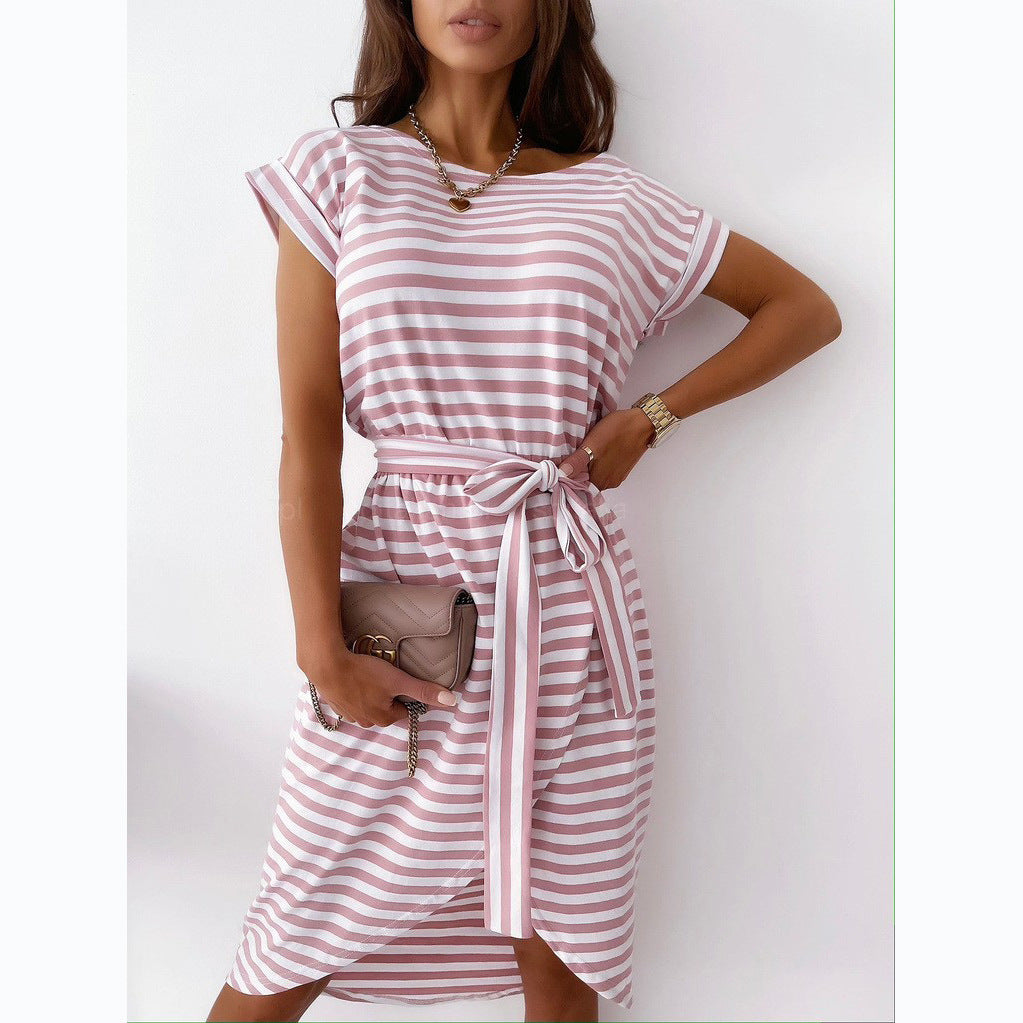 Summer Striped Lace-up Four Colors Irregular Asymmetric Dress