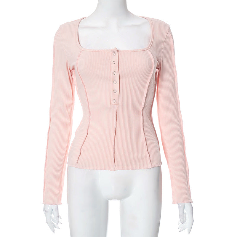 Women Clothing Autumn Winter Solid Color Long Sleeve All Match Sexy Top Pink