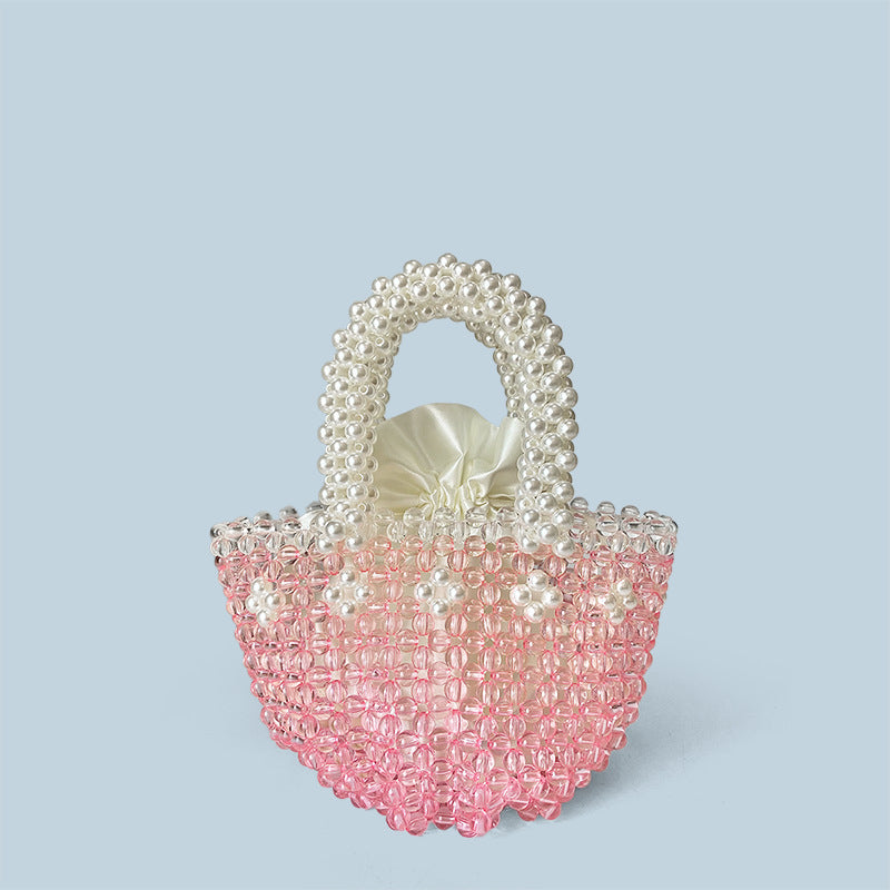 Spring Summer Beach Bag Beaded Pink Beads Bag Steamed Crystal Bun Hand Woven Beaded Bag