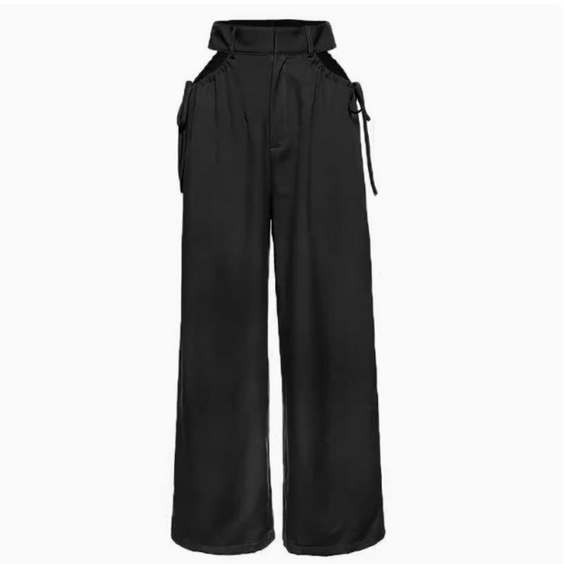 Waist Hollow Out Cutout Buckle Women High Waist Straight Pants Loose Street Wide Leg Pants Solid Color Black