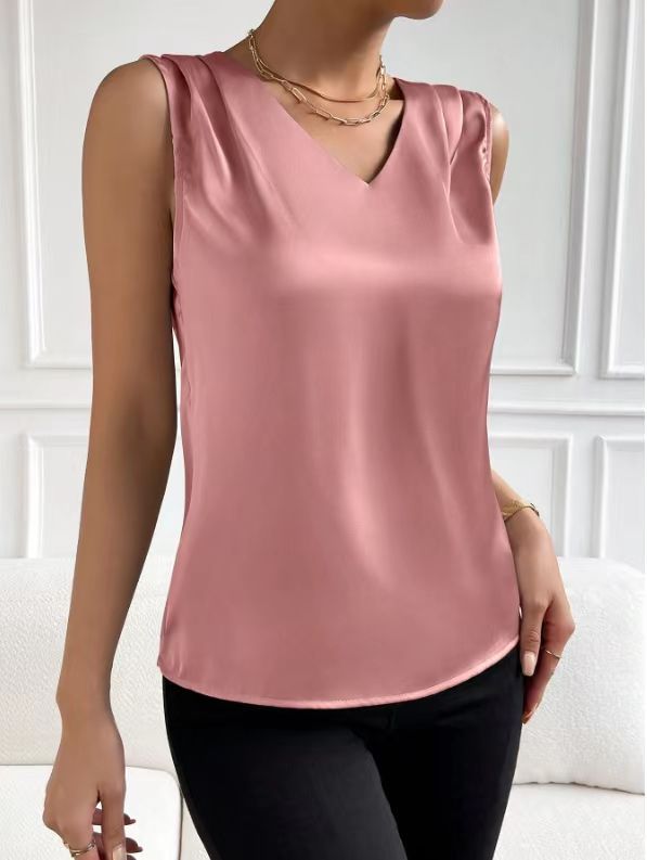 Women Satin Tank Top Office Vest Bottoming Top Pink