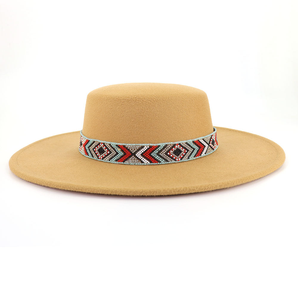 [Minimum order quantity is 2 pieces]Woolen Flat Top Hat Large Brim Hat Bohemian Holiday Broad Brimmed Hat M（56-58cm） Camel Lake Blue Beads