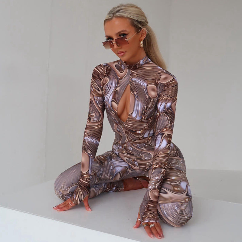 Women Autumn Winter Chest Cutout out Long Sleeve Backless Jumpsuit Jumpsuit Women