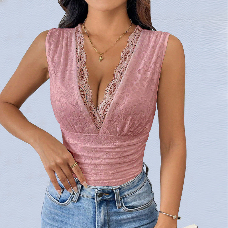 Summer Sexy V neck Lace Solid Color Lace Jumpsuit Pink