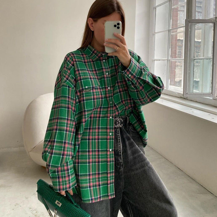 Women Clothing Autumn Winter Retro Loose Plaid Shacket Collared Long Sleeve Shirt