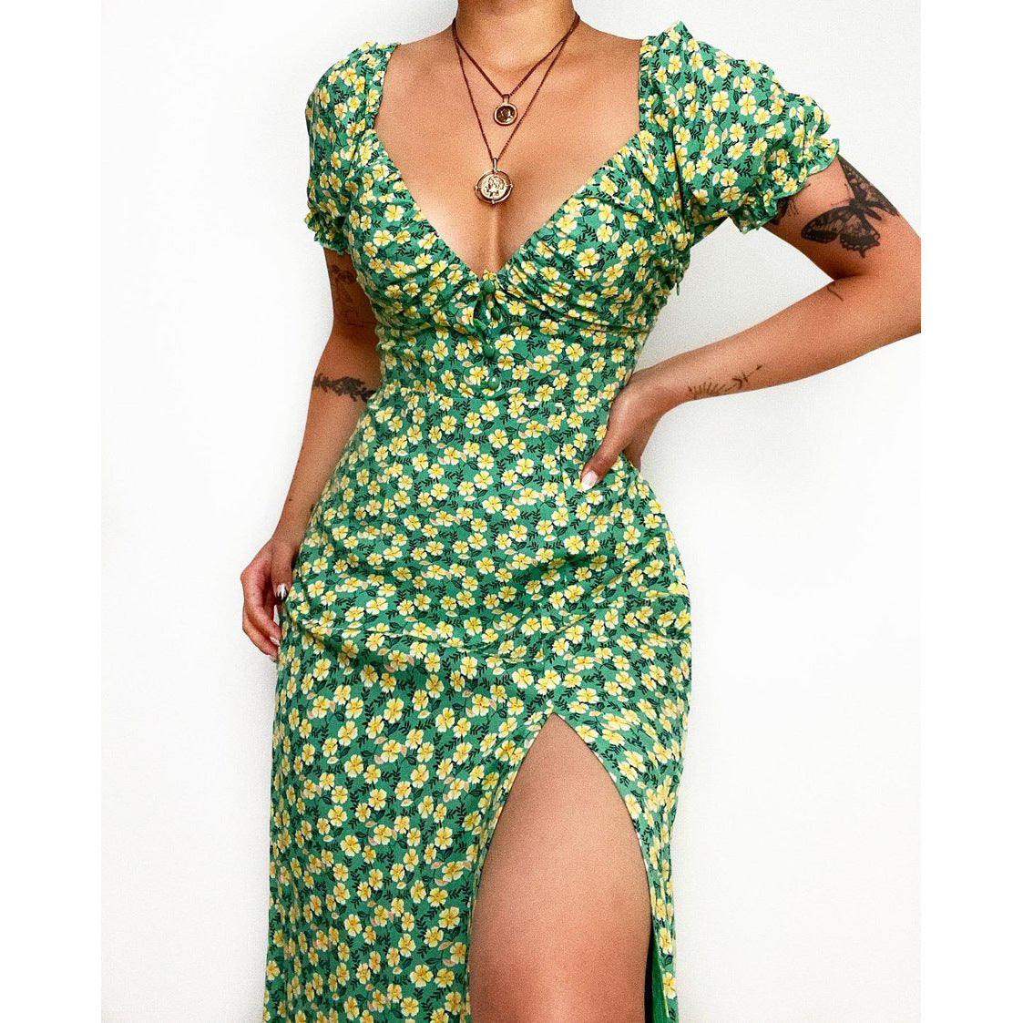 Spring Summer Floral Floral Print Fresh Sweet V-neck Mid-Length Dress Green