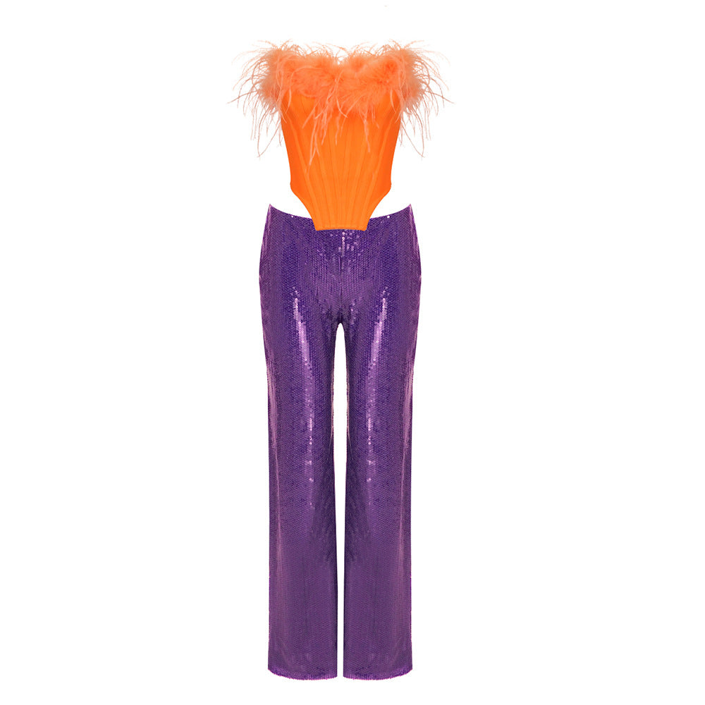 Winter Orange Feather Tube Top Purple Sequin Trousers Two Piece Set Casual Set Purple