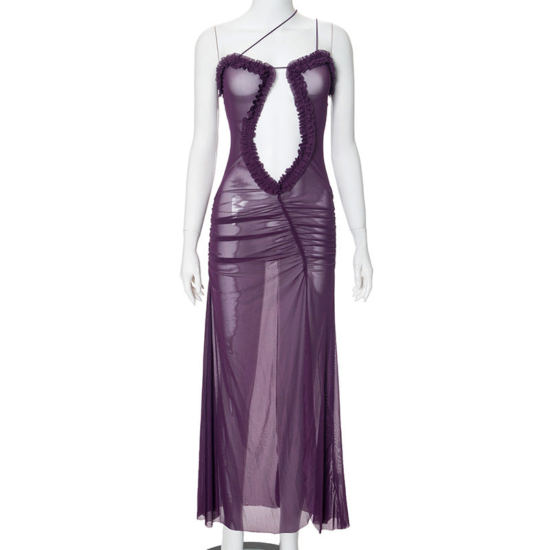 Women Clothing Hollow Out Cutout out Camisole Lace Pleated Slit Dress Purple