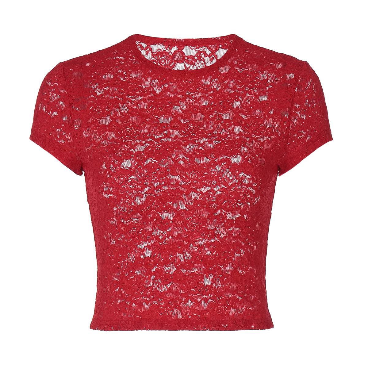 Women Clothing Spring Summer Sexy Lace See through Slim Fit Crew Neck T shirt Top