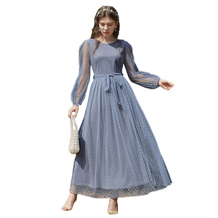 Women Clothing Autumn Winter Casual Round Neck Stitching Mesh Dress L Blue