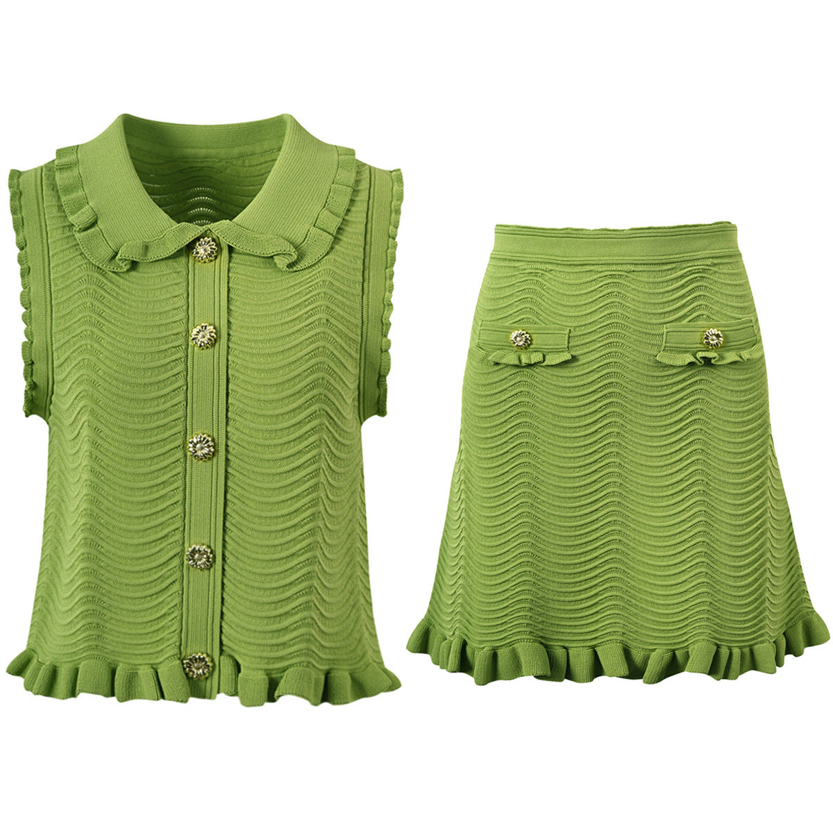 Summer Sleeveless Short Knitted T shirt Top Half Length Skirt Outfit Green