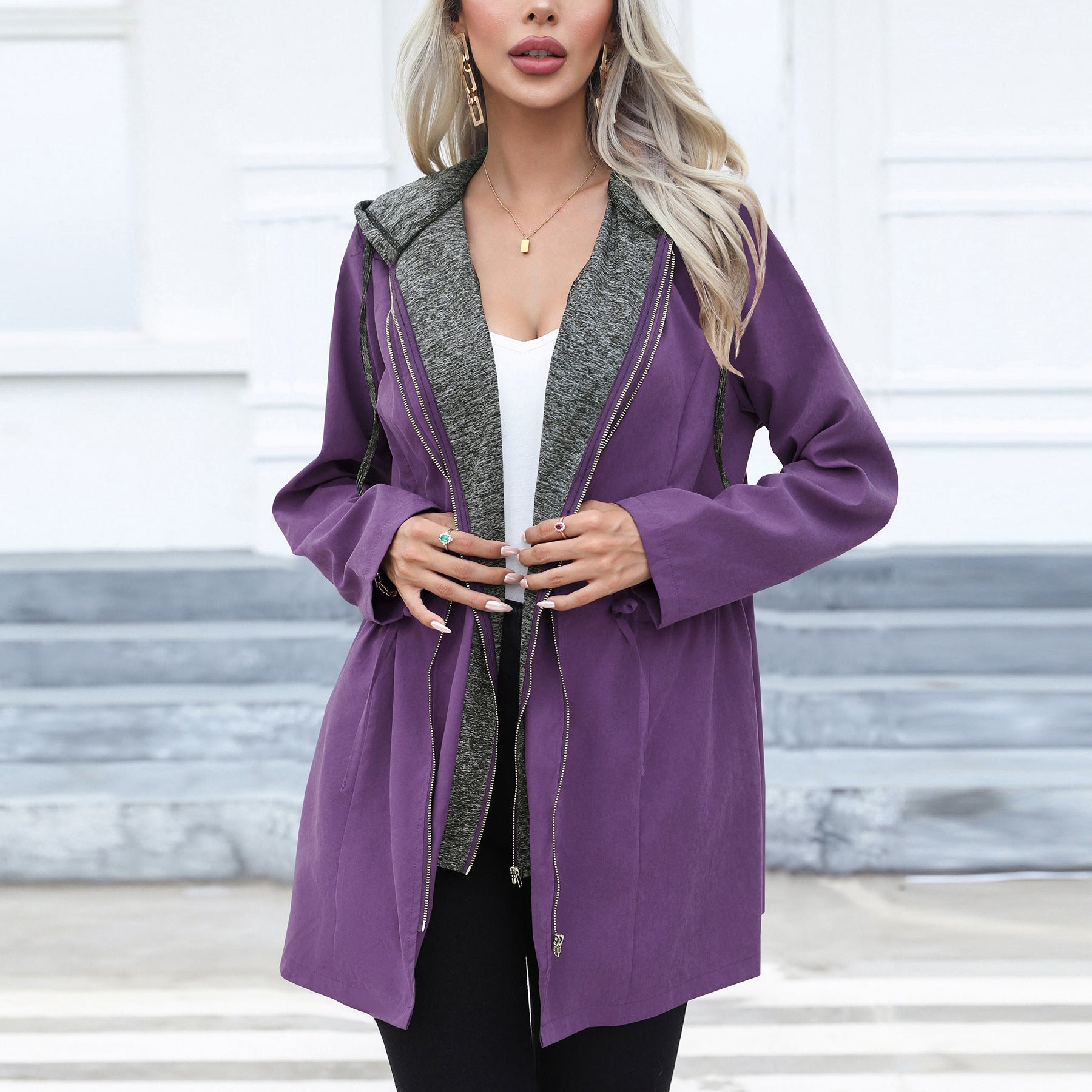 Women Clothing Casual Waist Tight Double Zipper Contrast Color Coat Mid Length Long Sleeve Hood Windbreaker Explosion Purple