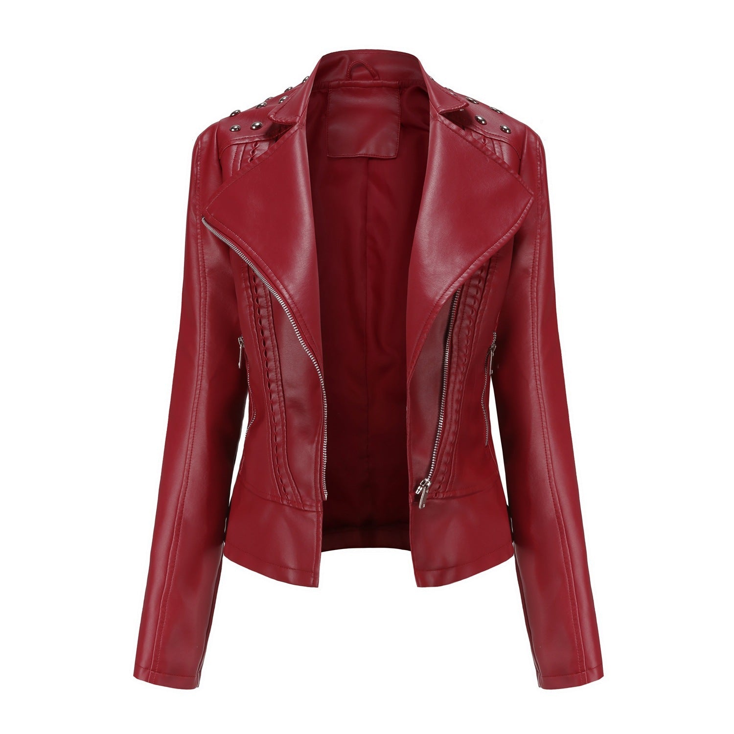 Women Rivet Leather Jacket Women Jacket Collared Motorcycle Clothing Thin Spring Autumn Women Jacket Burgundy