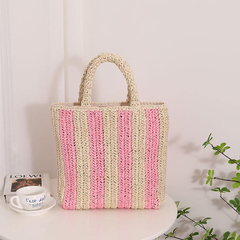 Vertical Stripes French Straw Bag Portable Contrast Color Straw Bag Woven Bag Women's Bag Seaside Vacation Beach Bag One Size Two-Color Vertical Pink