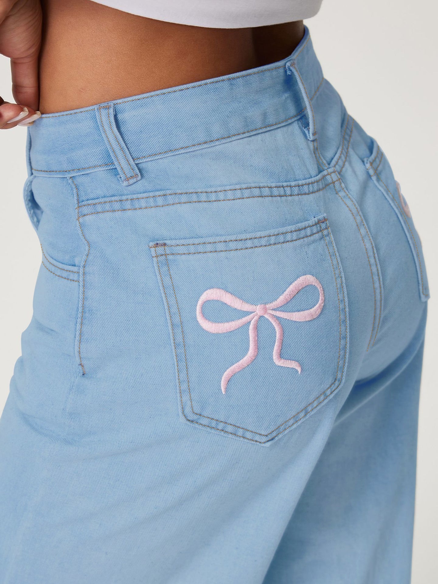 Women Clothing Trend Bow Embroidered Denim Trousers Blue