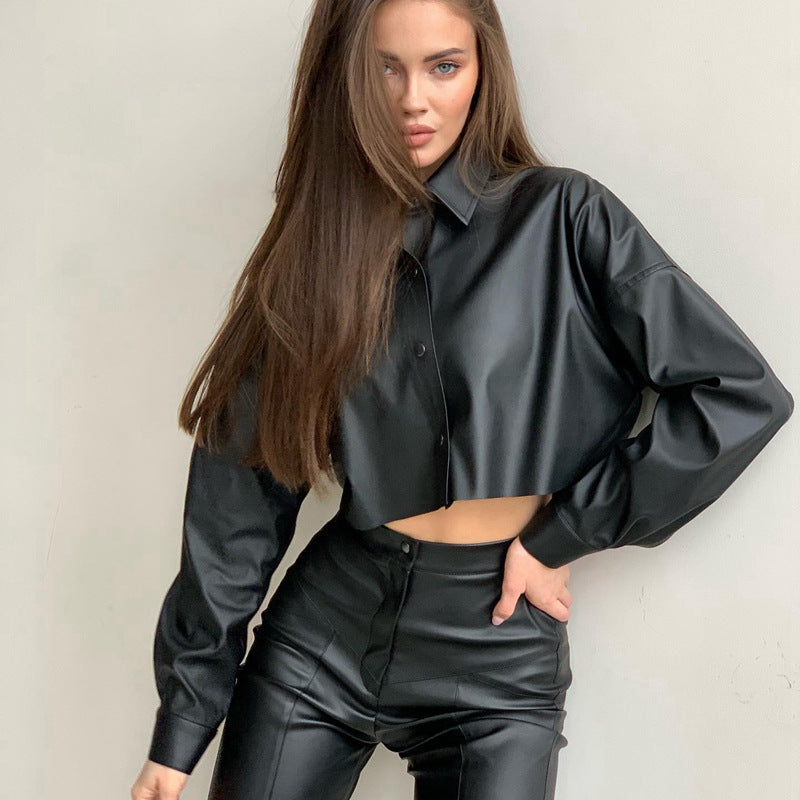 Women Clothing Women Autumn Winter Batwing Long Sleeve Cropped Solid Color Faux Leather Shirt Women Shirt