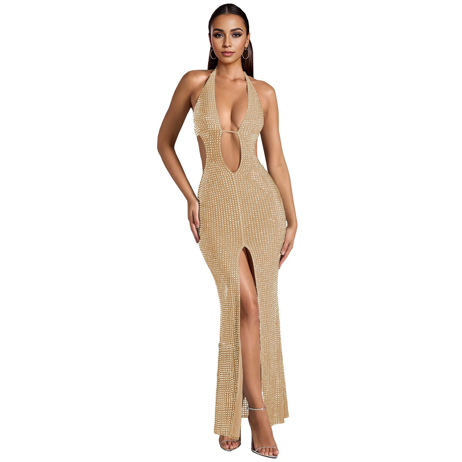 Women Wear Sleeveless Halter off the Shoulder Rhinestone Split Dress Apricot