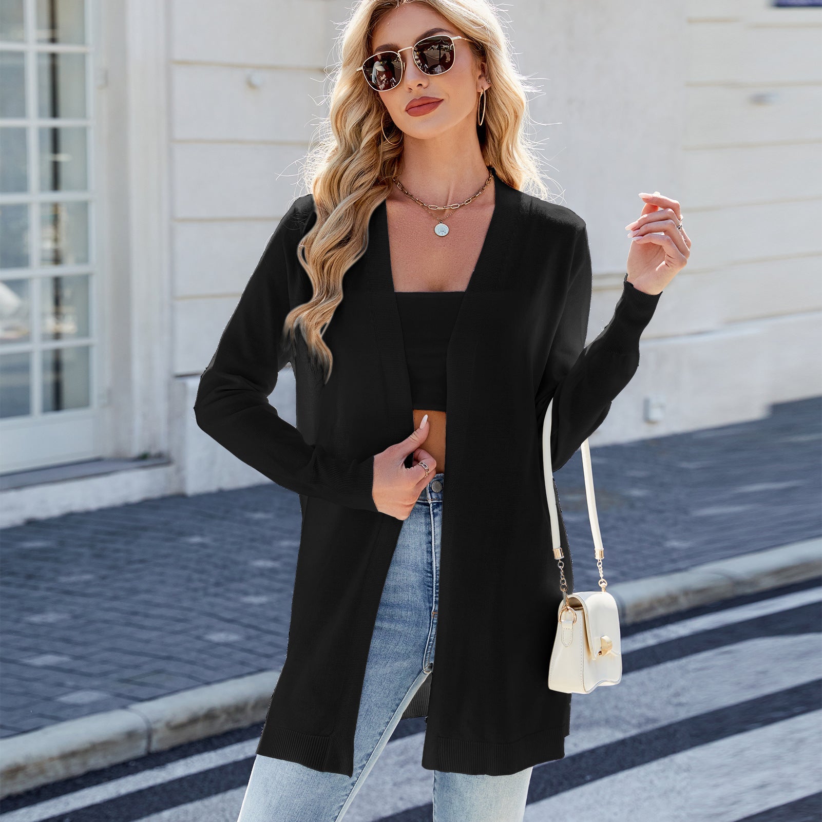 Women Clothing Cardigan Long Knitted Striped Coat Sweater Black