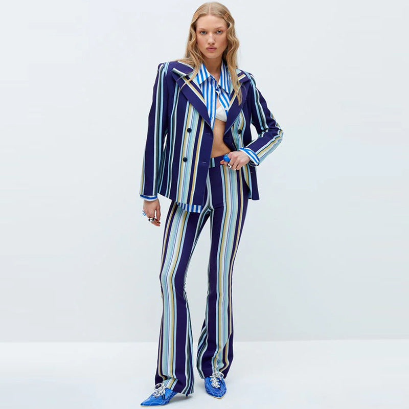 Women Striped Blazer Flared Pants Two Piece Sets