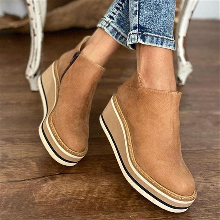 Wedge Thin Short Boots for Women Autumn Winter Side Zipper Mid Heel Leather Surface Ankle Boots Light Brown