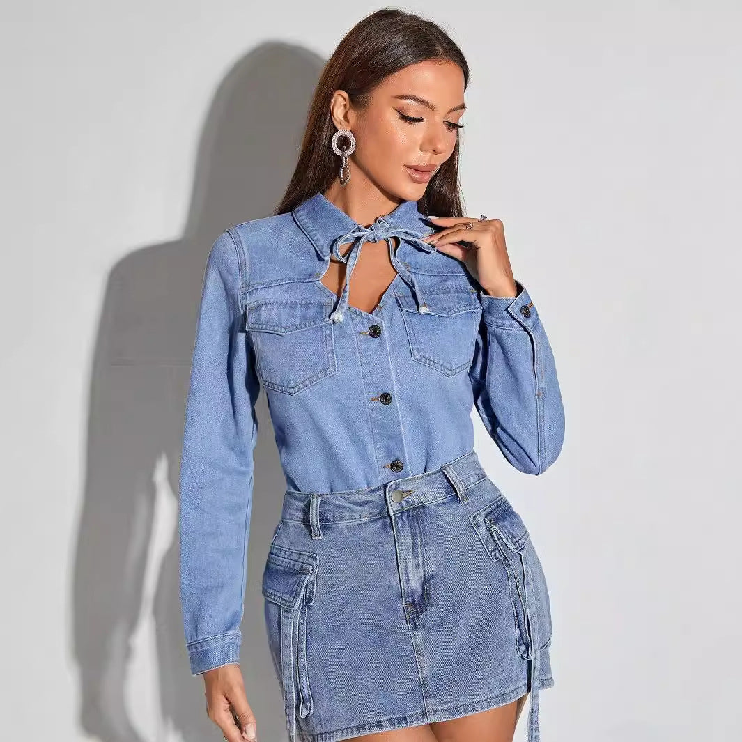 Women Clothing Retro Collar Hollow Out Cutout out Tied Denim Coat