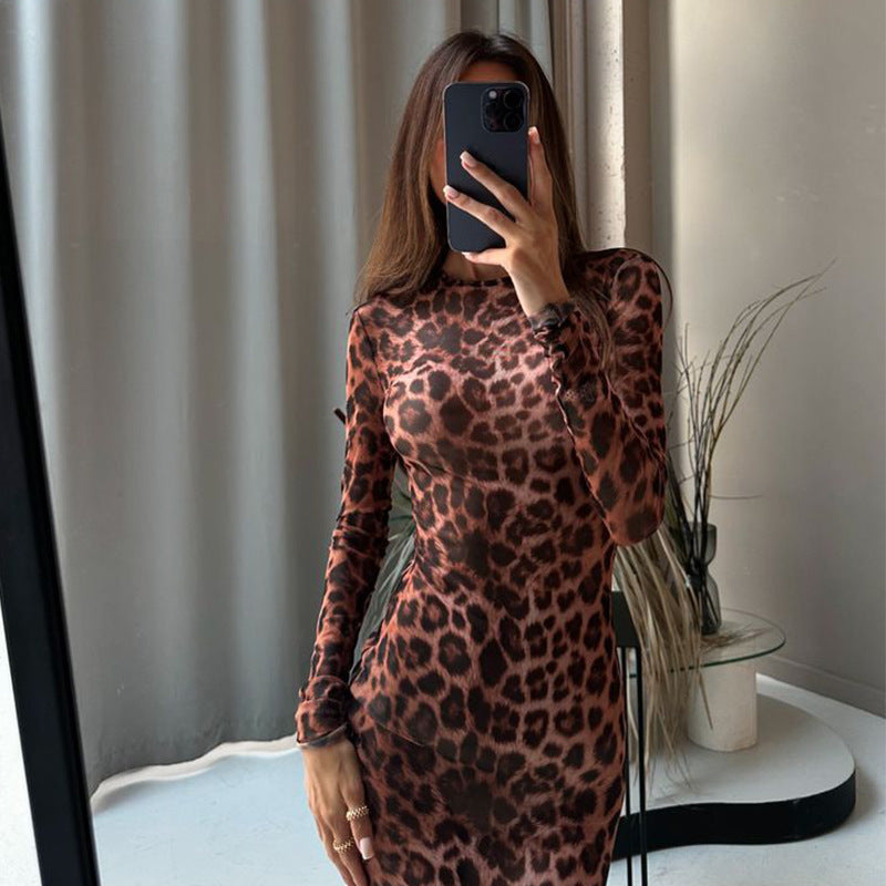 Women Sexy Long Sleeved Leopard Print Nightclub Sexy Slim Fit Figure Flattering Hip for Women