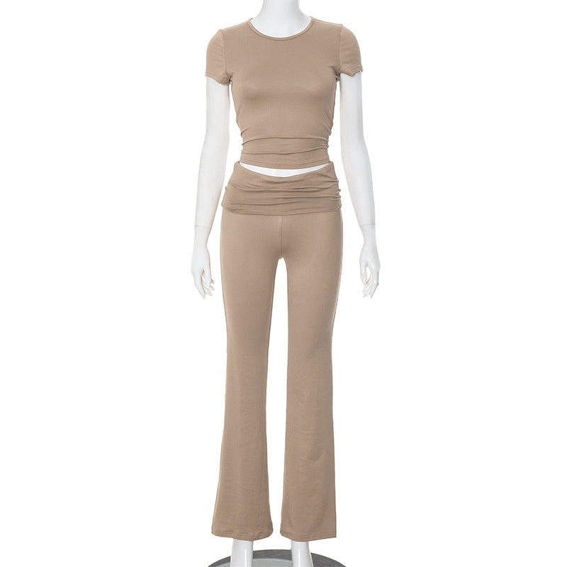 Women Solid Color Cropped Short Sleeve Waist Trousers Suit Brown