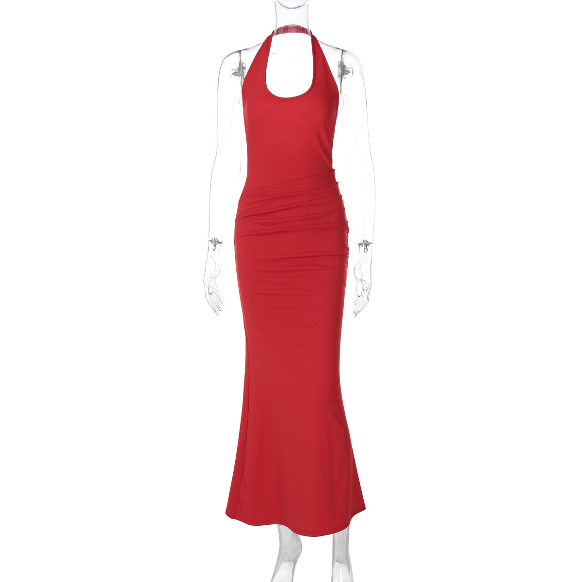 Women Clothing Sexy Deep V Plunge neck Hollow Out Cutout out Halter Slim Solid Color Sleeveless Sheath Dress Red