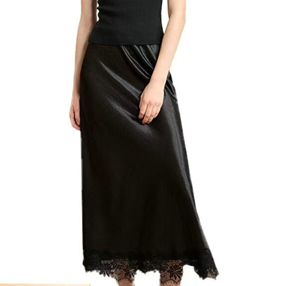 Western Lace Stitching Silk Skirt Spring Draping Glossy A line Midi Skirt Women Black Black