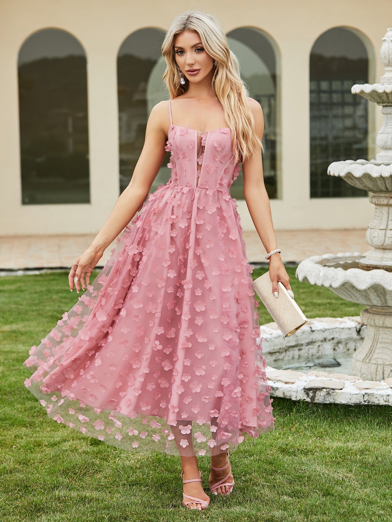 Summer Women Clothing Straps Tulle Dress Hollow Out Cutout out Tied Backless Elegant Sexy Dress Pink