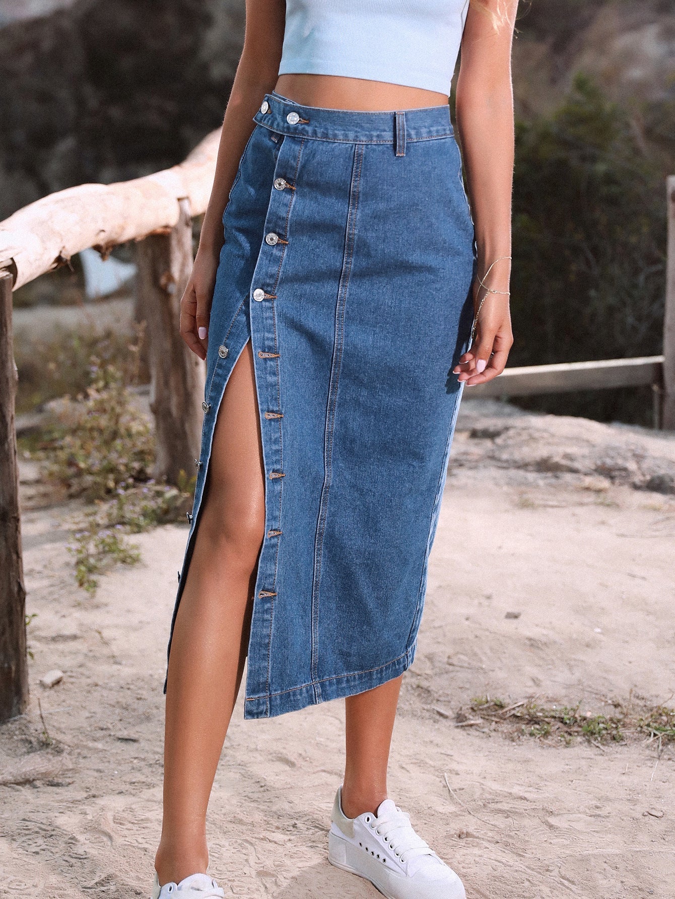 Women Clothing Irregular Asymmetric Slit Denim High Waist Long Skirt Garment Wash Medium Blue