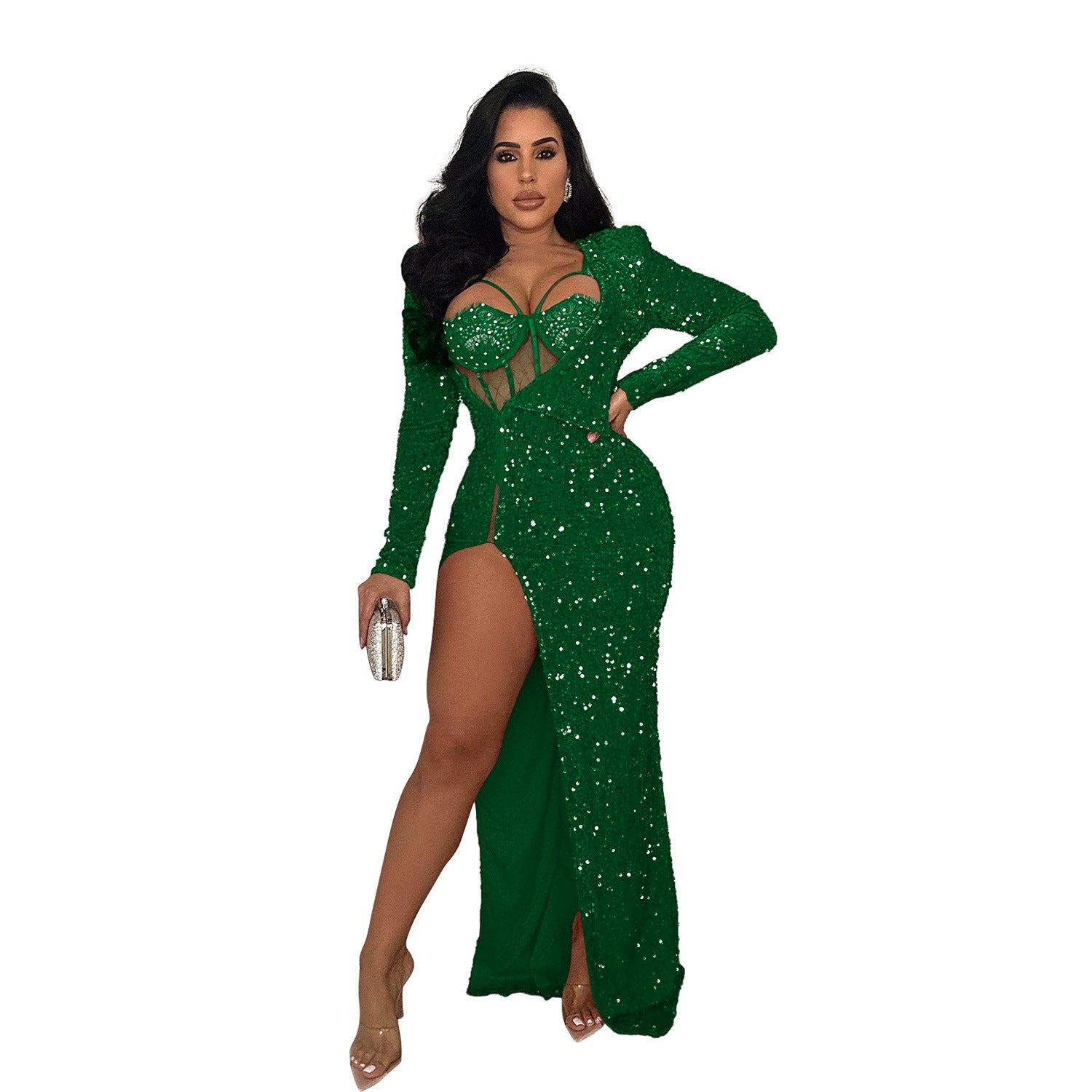 Women Wear Solid Color Sequ Sexy Slit Maxi Dress Green