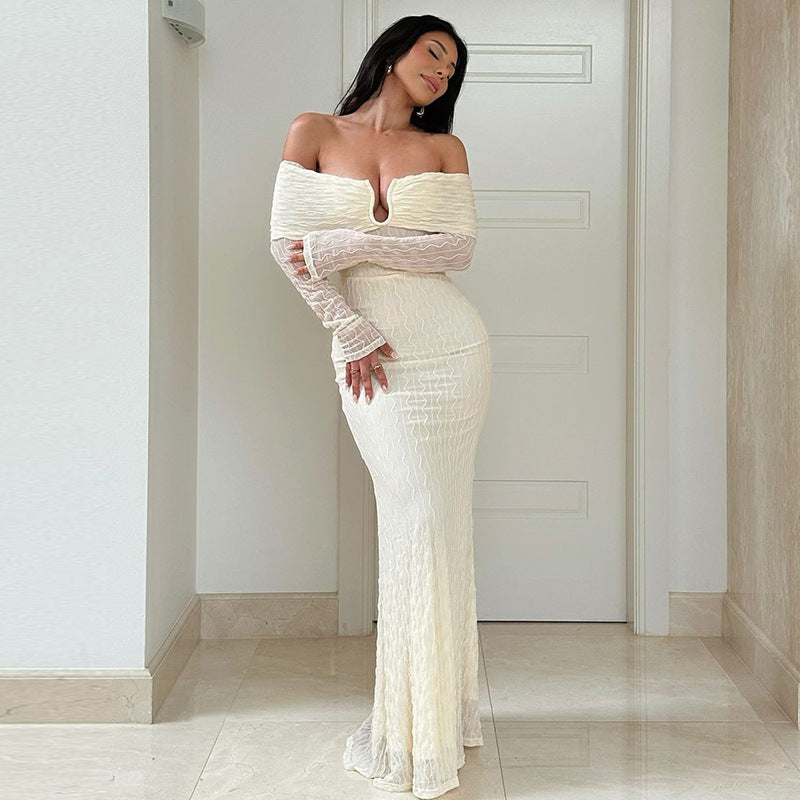 Women Clothing Winter Sexy off Shoulder Mid Length Dress