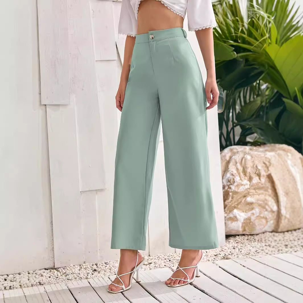 Women Autumn Solid Color High Waist Drooping Straight Leg Pants Fresh Comfort Casual Wide Leg Pants