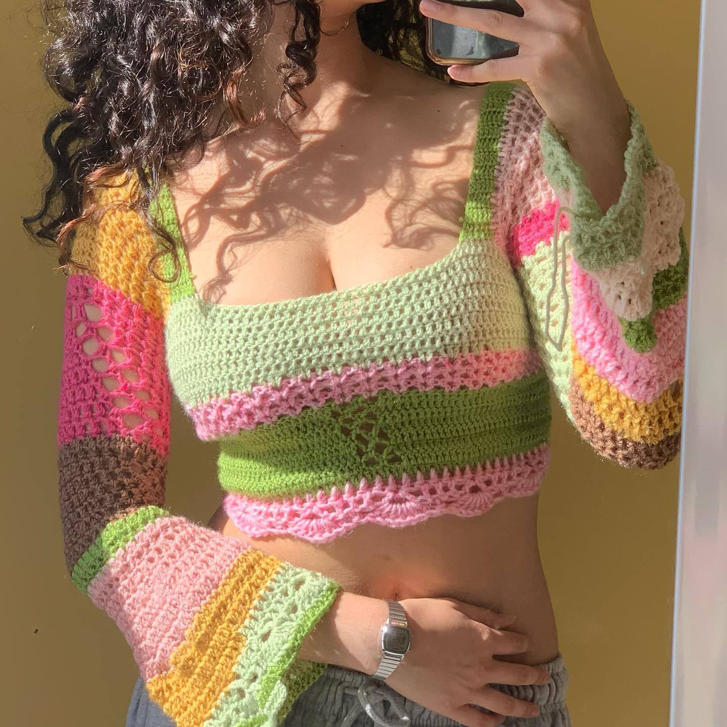 Women Knitted Sweater Square Collar Color Striped Color Matching Handmade Crochet Long Sleeve Top Green