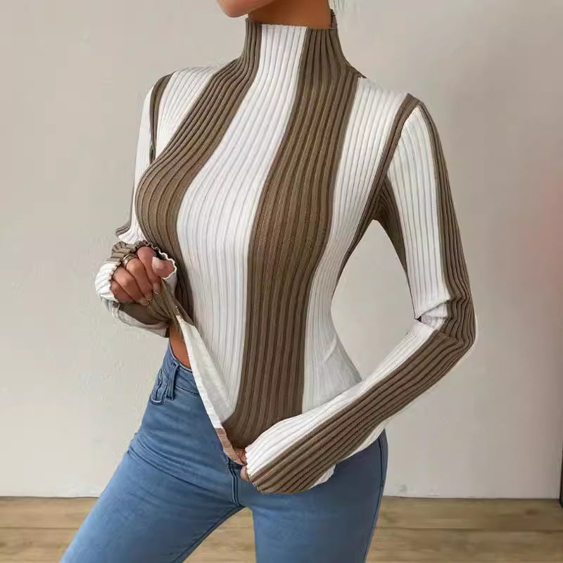 Women Spring Autumn Classic Black White Contrast Color Vertical Pattern Sweater Slim Fit Slim Bottoming Top