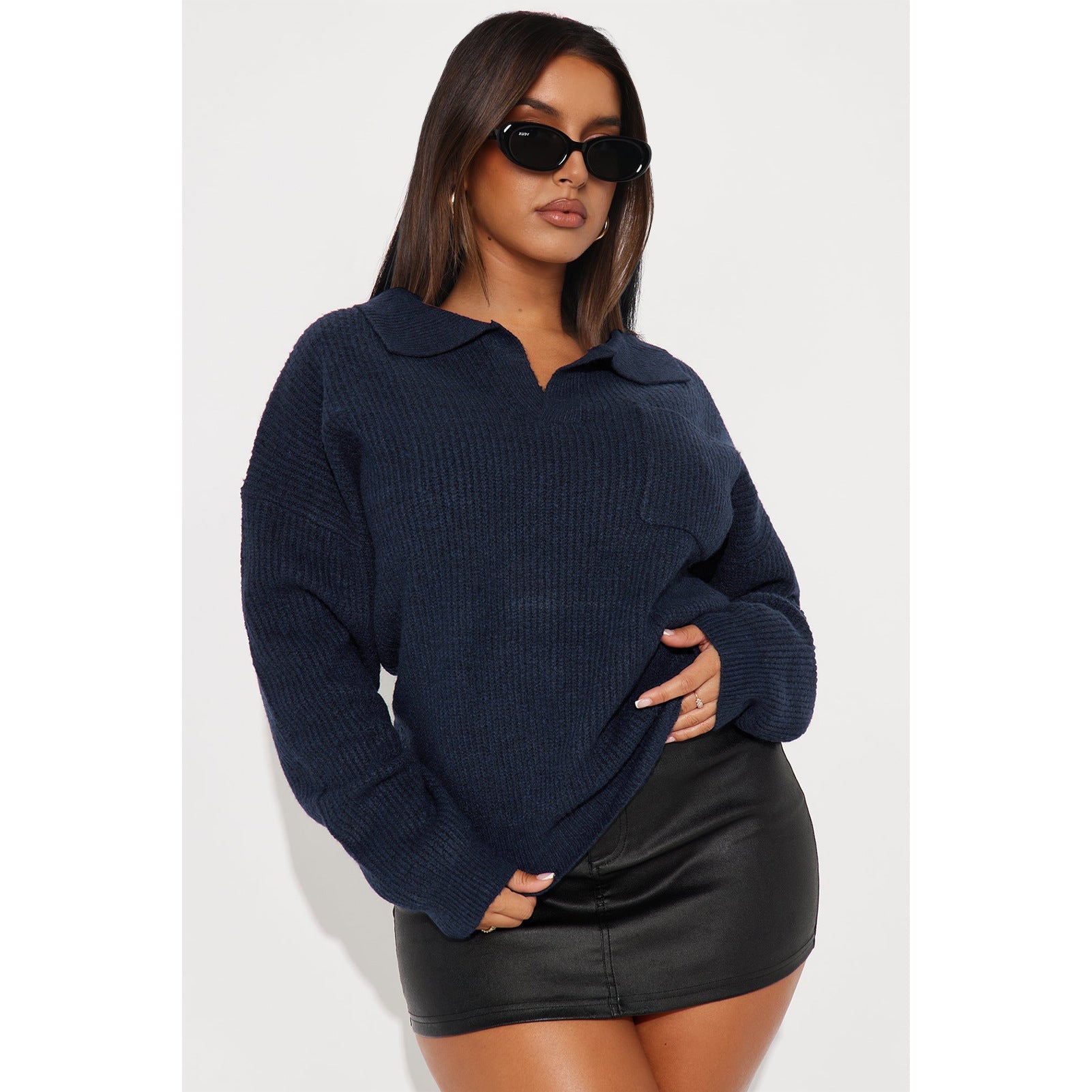 Women Clothing Idle Maillard Scissors Collar Collared Loose Pullover Knitted Sweater