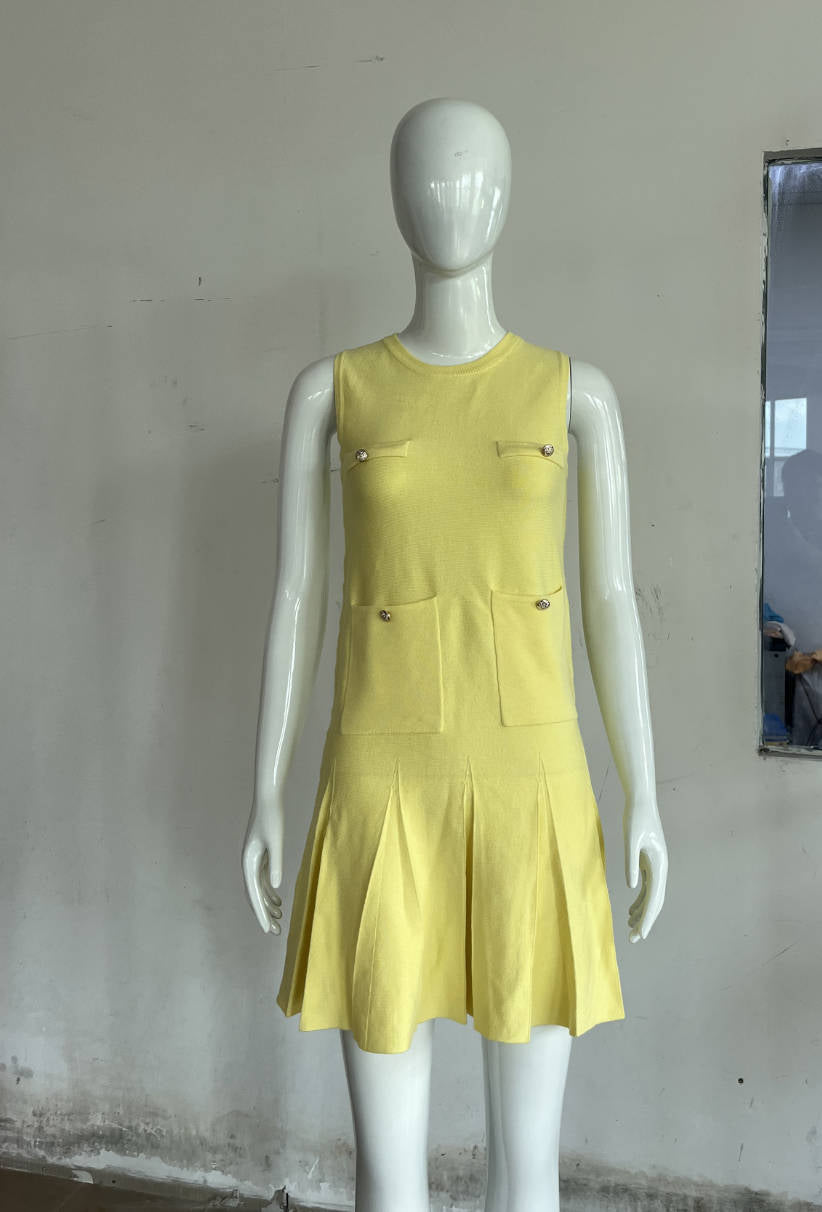 Summer Wide Pleated Button Decoration Knitted Mini Dress Yellow