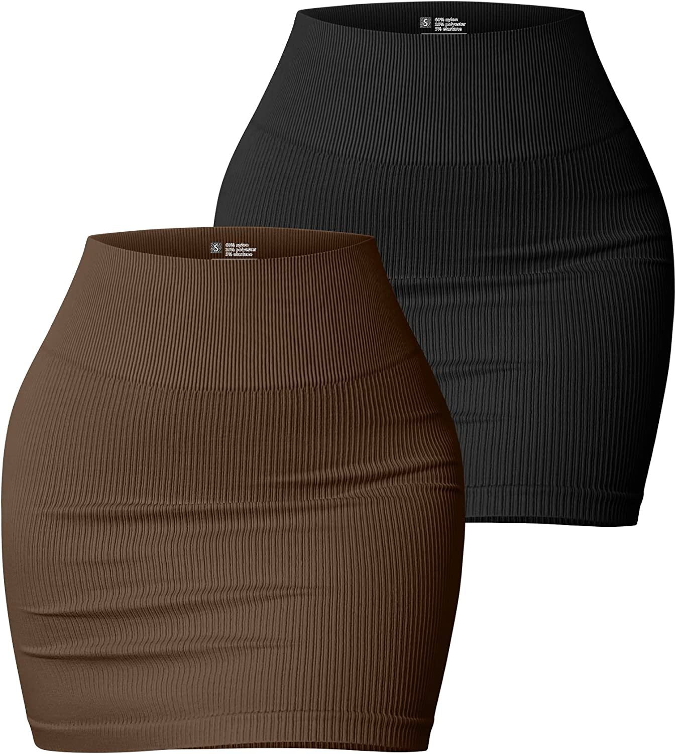 Women Skirt Basic Elastic Rib Casual High Waist Mini Hip Skirt Coffee