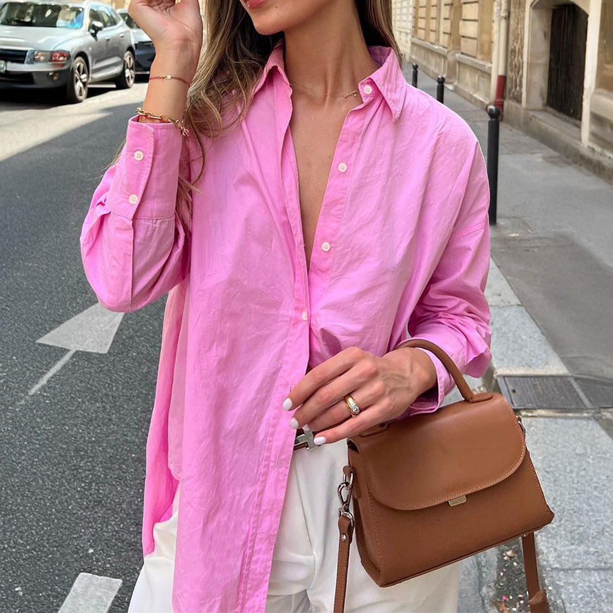 Spring Summer Casual Solid Color Cardigan Row Top Shirt Women Clothing Pink