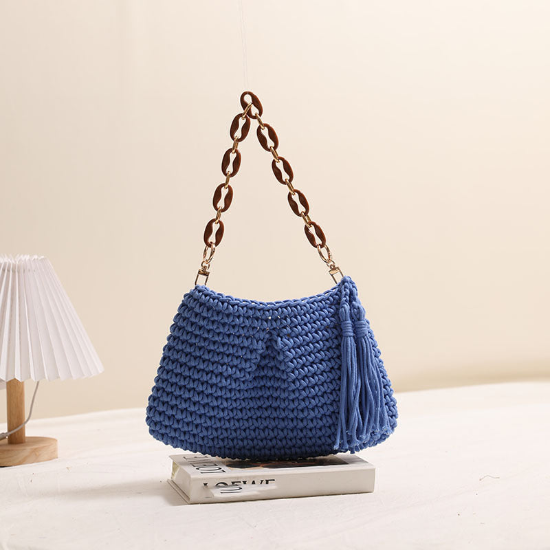 Underarm Cotton Thread Woven Bag Tassel One Shoulder Straw Bag Vacation Beach Bag Niche Women Bag One Size Clip Tassel Blue