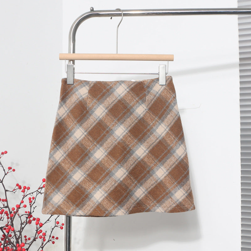 Volume Product Plaid Short Skirt Autumn Winter Woolen A Line High Waist Slimming Sheath Ant Exposure Skirt Khaki