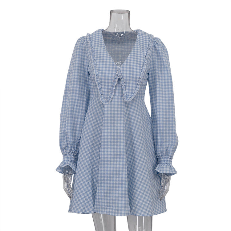 Women Clothing Office Design A line Dress Pink Plaid Butterfly Collar Long Sleeve Dress Blue