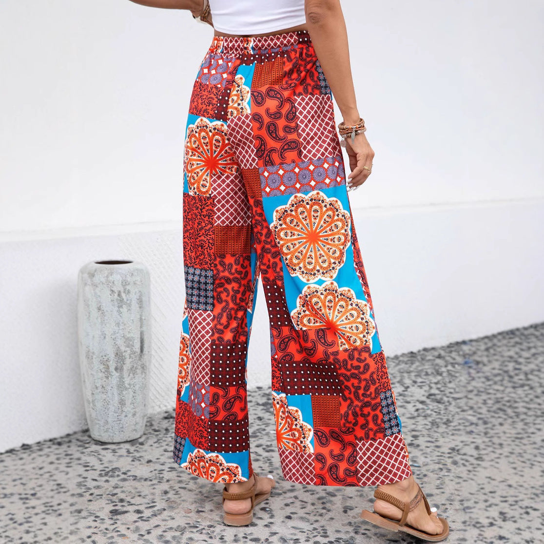 Spring Ladies Casual Elastic Waist Bohemian Printing Straight Leg Trousers